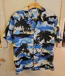 Jade FashionHawaiian Shirt Mens Size Xl Blue Palm Trees Made in Hawaii Vintage - Picture 1 of 5