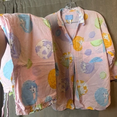 Nick and Nora Difícil de Encontrar Vintage 100% Algodón Gatos Capri Pijama Set con Volantes Pequeño Foto 1 de 4