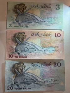 COOK ISLANDS $3 10 20 DOLLAR 1987 P3-5b UNC NZ ADMIN KIWI RARE $20 SIGN FLEMING - Picture 1 of 4