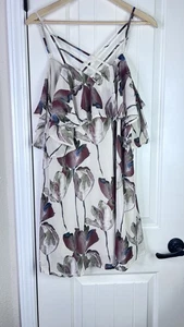 Entro Dress Womens Beige Floral Ruffle Spaghetti Strap Boho Flowy Babydoll Mini - Picture 1 of 16