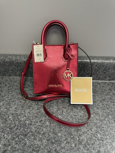 Borsa a tracolla Michael Kors Mercer XS Shopper nuova con etichette rosso metallizzato $398