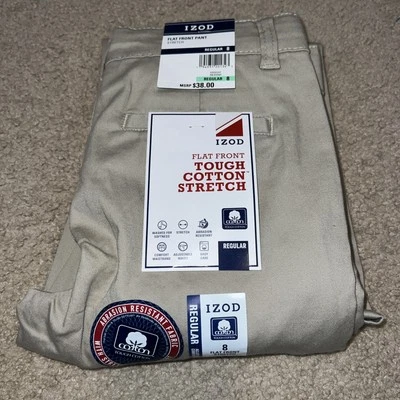 IZOD flat front pants reg size 8  beige Adjustable Waist Stretch Easy  NWT Boys - Imagem 1 de 4