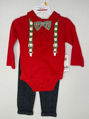 Baby Starters 12M Navidad Conjunto de 3 piezas Camisa Roja Papá Noel Tirantes Pajarita Pantalón Foto 1 de 4