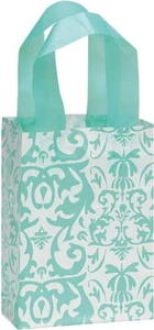 Frosted Shopping Plastic Bags 100 Aqua Blue Damask Frosty Merchandise 5 x 7 x 3" - Picture 1 of 3