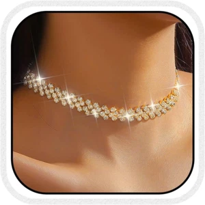 Rhinestone Choker Necklace Diamond Row Necklaces Sparkly Crystal Necklace Chain - Picture 1 of 12