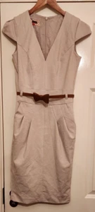 Next Beige Belted V Neck Fully Lined Dress Size 6 New With Tags Approx 98 cm - Picture 1 of 11
