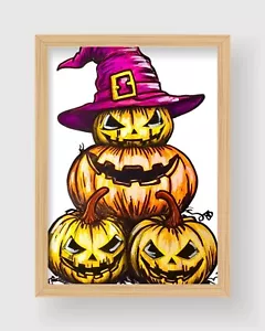 Halloween Pumpkins Drawing Unframed Hand-Colored - Picture 1 of 2