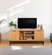 Large Oak Effect TV Stand Metal Base with 2 Compartments and Open Storage | S...