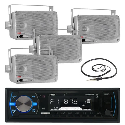 PLMRB29B Black Marine AUX AM FM Radio, Antenna,  Silver 3.5" 200W Box Speakers - Image 1 of 4