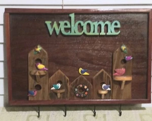 Handarbeit Holz Vögel & Vogelhaus Willkommen mit 4 Schlüsselhaken Wandbehang - Bild 1 von 6