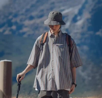 hot summer Vintage striped short-sleeved shirt Loose silhouette couple shirt - Image 1 of 4