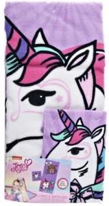 JoJo Siwa 2 Piece Bath Set Towel Washcloth Purple Cotton Dog Unicorn Bows NWT - Picture 1 of 2