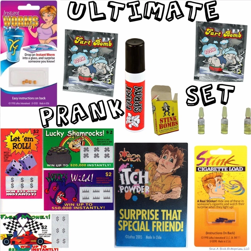 Ultimate Prank Set - Stink,Fart Bags,Fake Lotto,Fart Spray,Worm,Itch Powder,etc