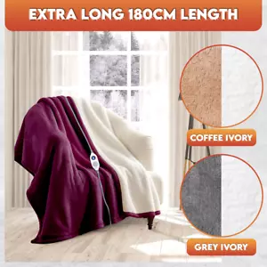 Heated Electric Blanket Throw Fleece Sherpa Auto Off 6 Heat Settings Long Cord - Picture 1 of 15
