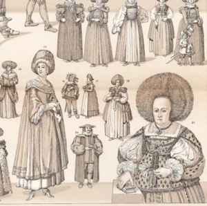 FEATHERED HATS - German Ladies Folk Dress Styles 1888 Antique Chromolithograph - Picture 1 of 3