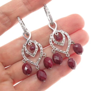 925 Sterling Silver Real Diamond & Ruby Chandelier Dangle Earrings - Picture 1 of 7
