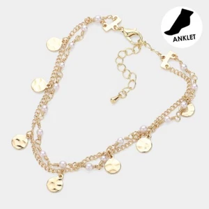 2PCs Disc Pearl Station Layered Anklet Adjustable Beachy Style Foot Jewelry - Picture 1 of 1