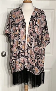 Black Rainn Kimono Paisley Sheer Boho Fringe Topper Women's Sz Small NWT - Picture 1 of 6
