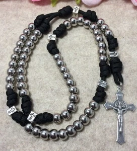 Catholic Paracord Rosary-Silver Beads Rosary/ St. Benedict Crucifix- Handmade - Picture 1 of 5