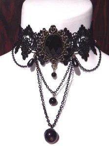 BRONZE ROSE BEZEL LACE CHOKER black gothic collar nouveau drop chain necklace K1 - Picture 1 of 4
