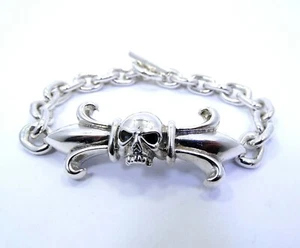 Mens Vtg MARTY MAGIC Skull BIKER Sterling Silver Toggle Oval Link Chain Bracelet - Picture 1 of 10