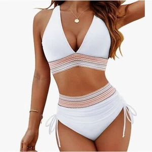 NEW Blooming Jelly High Waisted Bikini Set White XL Drawstring Sides NWT Swim - Picture 1 of 6
