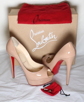Christian Louboutin, Authentic Lady Peep Toe Nude Patent Leather, Size 38.5 - Image 1 of 4