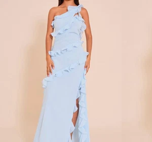 Women’s Dress prettylittlething’s Petite BBlue Chiffon Frill Detail Maxi 4 Pre-O - Picture 1 of 10