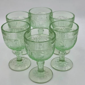 Tiara Sandwich Scrolls Light Chantilly Green Wine Set 6 Glass Pressed Glass - Picture 1 of 5