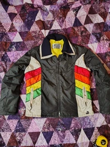 Vintage 70s John Deere Snowmobile Jacket Coat Mens XL Black Stripe Talon Farm - Bild 1 von 13