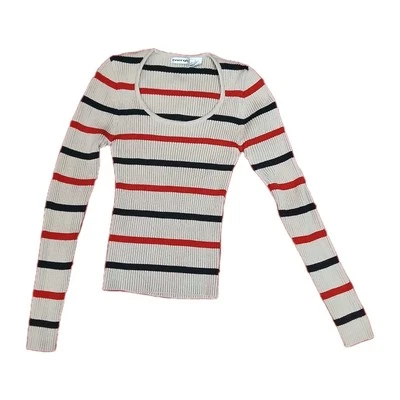 Vtg Energie Women’s Ribbed Sweater Top L Beige Red Black Stripe Long Sleeve Y2K  - Image 1 of 4