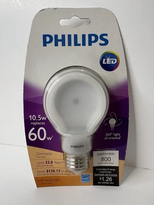 PHILIPS Slim Led E26 60w Bulb Dimmable 2700k 800 Lumens 120V BC10.5a Soft White - Image 1 of 4