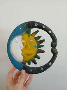 Vintage Whimsigoth Sun And Moon Tin Metal Wall Hand Painted Hanging Decor - Picture 1 of 4