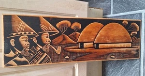 Primitive tribal art wood burning carving plaque Tribal Village 18x5.5" Africa - Picture 1 of 1