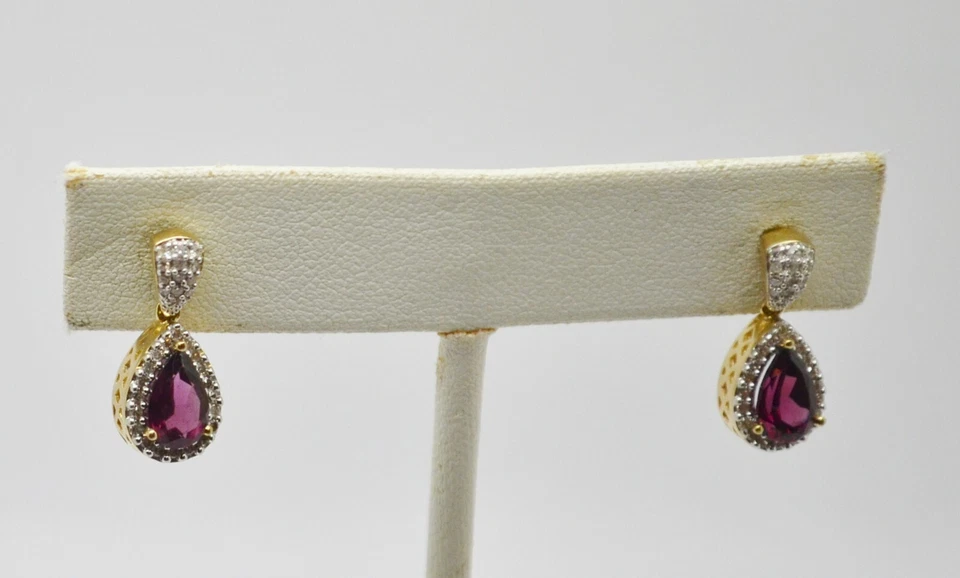 令人惊叹的 14K 黄金紫色宝石和多钻石吊坠耳环金色-3428 — 第 1/3 张图片