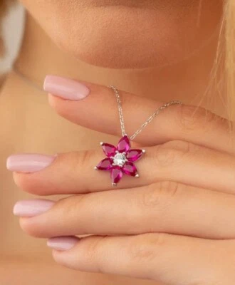 14K White Gold Plated Flower Pendant 1Ct Pear Cut Lab Created Pink Ruby 18"Chain Foto 1 de 4