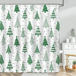Christmas Shower Curtain Green Xmas Tree Waterproof 12 Hooks 72 X 72 Inches - Picture 1 of 7