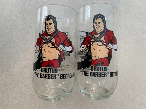 1990 Brutus Barber WWF Wrestling Titan Sports Vtg Drinking Glass, Beefcake Set 2 Cover