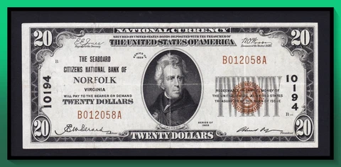 Fr. 1802-1 1929 $20 Seaboard Citizens National Bank of NORFOLK charter # 10194 Cover