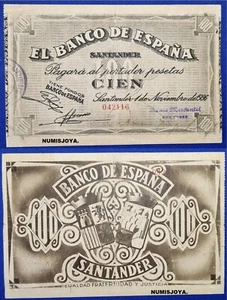 GUERRA CIVIL ESPAÑOLA SANTANDER 100 PESETAS 1936 SIN SERIE 042116, RESTAURADO. - Imagen 1 de 1