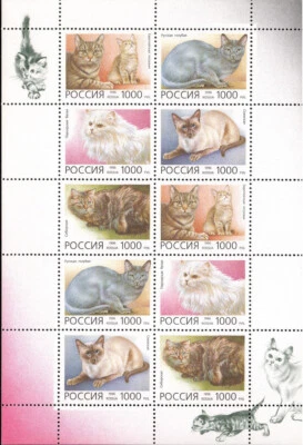 Россия 1996, Sc #6307-6311a, Mi #485-489Klb. Домашние кошки. M/S + 5 марок. Как новые без наклеек и следов - Изображение 1 из 2