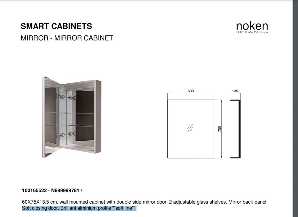 Armário de remédios de parede NOKEN (da Porcelanosa) com porta espelhada lateral dupla - Imagem 1 de 1