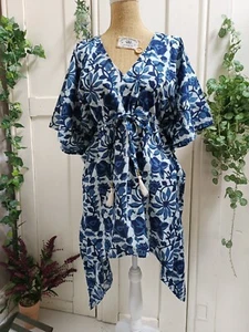 Prendas para el torso de caftán con estampado azul índigo hechas a mano indio hippie talla única 23/6 - Imagen 1 de 10