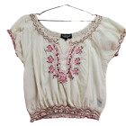 Magazine  Women's Medium Ivory Pink Floral  Cotton Embroidered Peasant Cottage