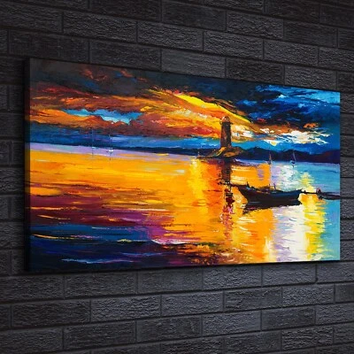 Canvas Wandbild Leinwand Bilder 140x70 Meer Sonnenuntergang Boote Leuchtturm - Bild 1 von 4