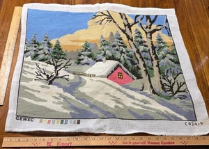 Vintage bestickt fertig Cewec Winter Schnee Hütte Szene C924-9 - Bild 1 von 2
