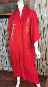 Vintage Golden Dragon rot 100% Seide Morgenmantel Kimono bestickt Drachen Gr. L 0430 - Bild 1 von 10