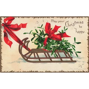 Vintage Weihnachts Postkarte Schlitten Mistelzweig geprägt Ellen Clapsaddle 1907 Schlitten - Bild 1 von 2