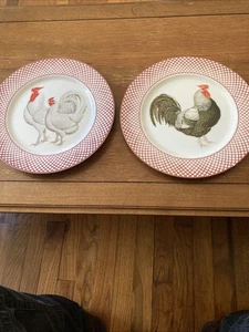 Haldon Devonshire Rooster and Hens 2 Dinner Plates (10.5”) Black White Red VTG - Picture 1 of 14