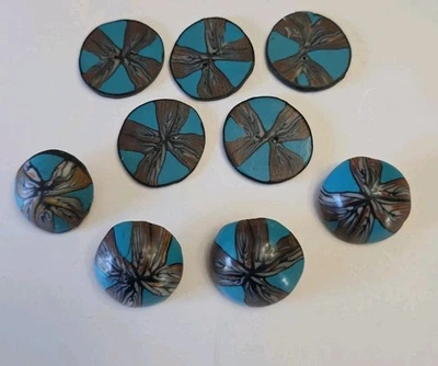 Set Of 9 Polymer Clay Artisan Made Two Hole Round & Domed Buttons Turquoise - Image 1 of 4
